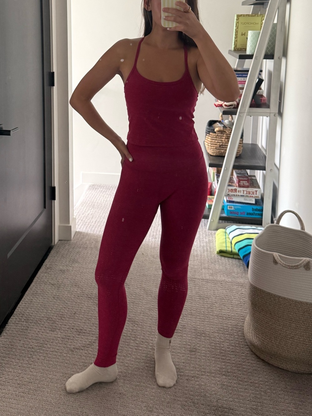 Beyond Yoga Space High Waisted Legging and Racerback Cropped Tank Set- Berry Red